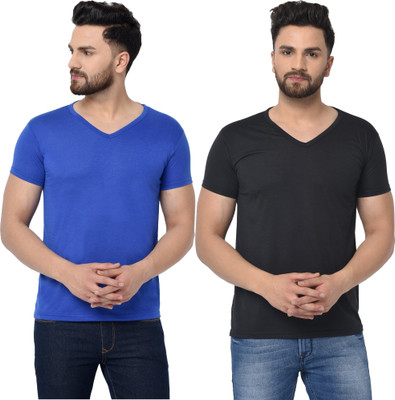 Tresna Fab Solid Men V Neck Blue, Black T-Shirt