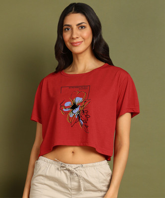 Moda Rapido Printed Women Round Neck Red T-Shirt