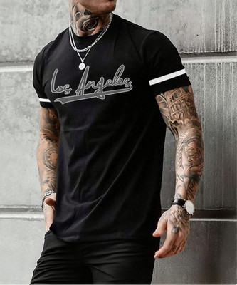Jump Cuts Striped Men Polo Neck Black T-Shirt