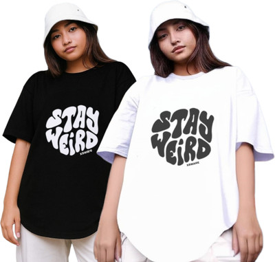 RS FASHION Printed Women Round Neck Black, White T-Shirt