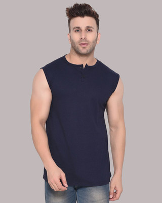 GEUM Solid Men Henley Neck Dark Blue T-Shirt