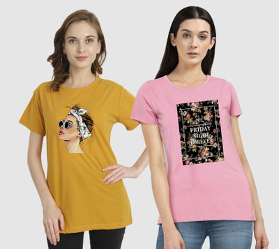 CHOZI Printed Women Round Neck Yellow, Pink T-Shirt