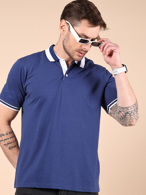 V-MART Solid Men Polo Neck Blue T-Shirt