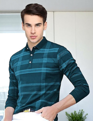 FASHIUM Checkered Men Polo Neck Green T-Shirt