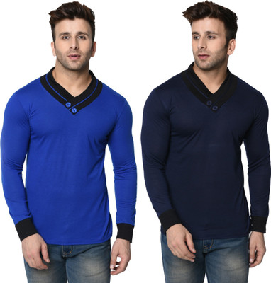 Adorbs Trend Solid Men Shawl Neck Blue T-Shirt