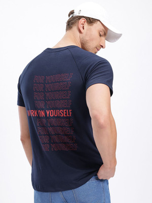 Glitchez Printed Men Round Neck Blue T-Shirt