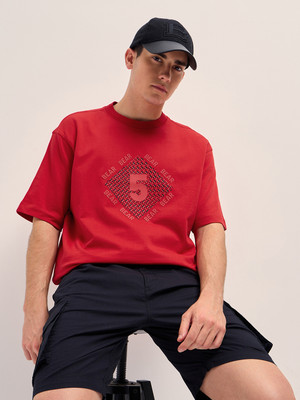 THE BEAR HOUSE Self Design Men Round Neck Red T-Shirt