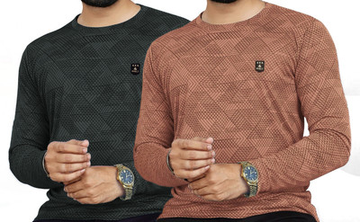 AVOLT Self Design Men Round Neck Dark Green, Brown T-Shirt