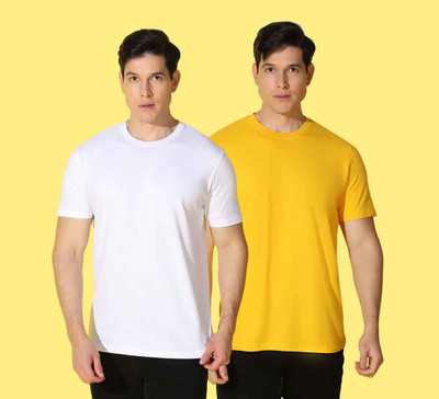 WOOSTRO Solid, Printed Men Round Neck Yellow, White T-Shirt