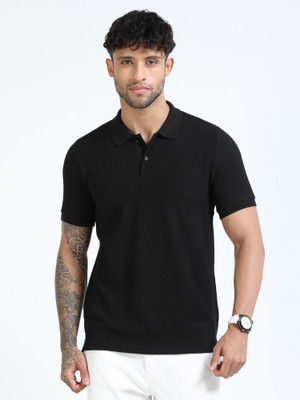 Cool Colors Self Design Men Polo Neck Black T-Shirt