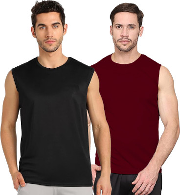 Renowned Solid Men Round Neck Black, Maroon T-Shirt