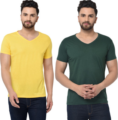 Tresna Fab Solid Men V Neck Dark Green, Yellow T-Shirt