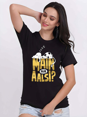 Moda Rapido Printed Women Round Neck Black T-Shirt