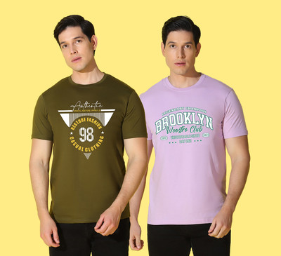 WOOSTRO Printed Men Round Neck Green, Pink T-Shirt