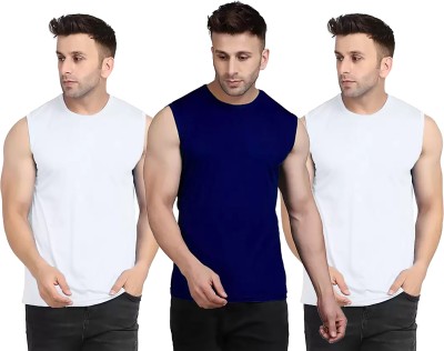 Think Tech Solid Men Round Neck White, Dark Blue T-Shirt