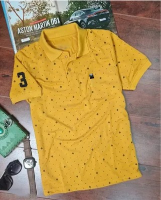 Bliss Bell Polka Print Men Polo Neck Yellow T-Shirt