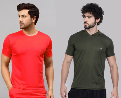 UDI n ADI Solid Men Round Neck Red, Dark Green T-Shirt