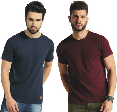 ALFA Solid Men Round Neck Navy Blue, Dark Blue, Blue, Maroon T-Shirt
