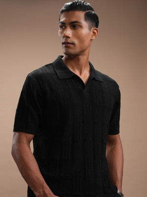 HIGHLANDER Self Design Men Polo Neck Black T-Shirt