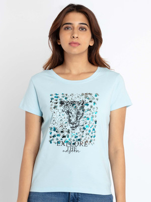 Status Quo Printed, Typography Women Round Neck Blue T-Shirt