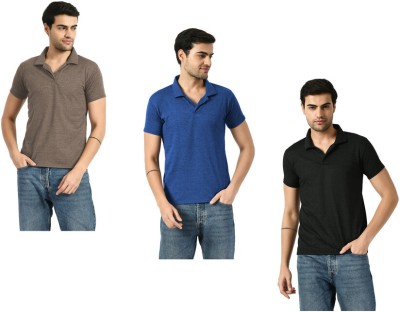 Indistar Solid Men Boat Neck Brown, Blue, Black T-Shirt