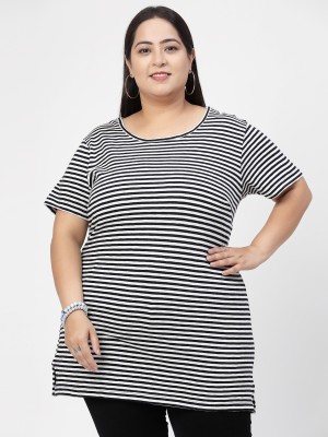 PLUSS Striped Women Round Neck Black, White T-Shirt