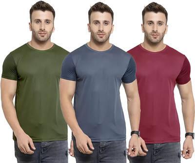 RIVAAZ Collections Solid Men Round Neck Dark Green, Grey, Maroon T-Shirt