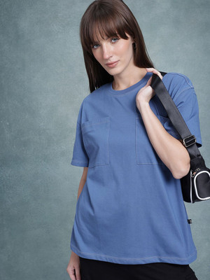 Roadster Solid Women Round Neck Blue T-Shirt