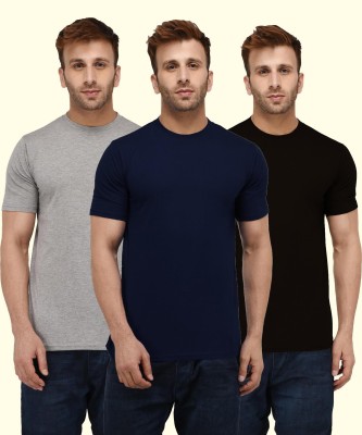 London Hills Solid Men Round Neck Dark Blue, Black, Grey T-Shirt