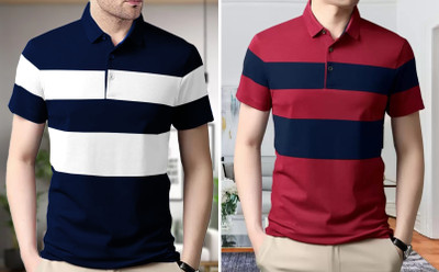 BELACHY Colorblock Men Polo Neck Navy Blue T-Shirt
