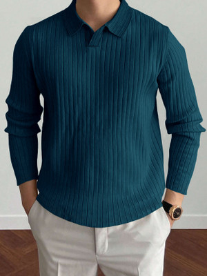 EyeBogler Striped Men Polo Neck Blue T-Shirt