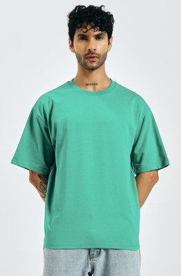 KOR Solid Men Round Neck Light Green T-Shirt