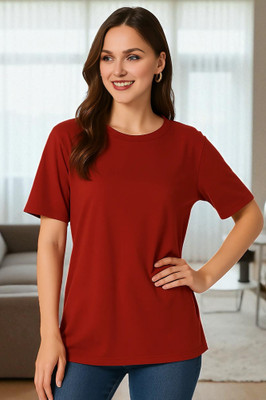 Elvia Solid Women Round Neck Maroon T-Shirt