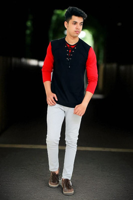 Faricon Trend Solid Men Round Neck Black, Red T-Shirt