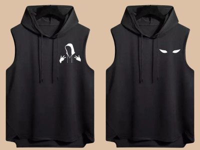 KUGDIT Printed Men Hooded Neck Black T-Shirt
