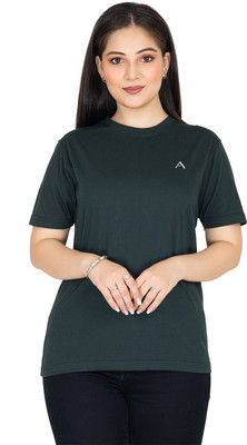 Affirm Solid Women Round Neck Dark Green T-Shirt