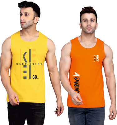 SLOWLORIS Printed Men Round Neck Yellow, Orange T-Shirt