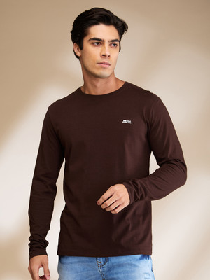 BEING HUMAN Solid Men Crew Neck Brown T-Shirt