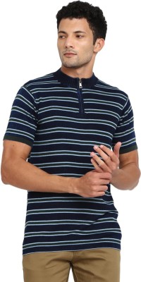 V-MART Striped Men Mandarin Collar Blue T-Shirt