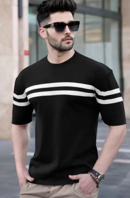 Fascista Striped Men Round Neck Black, White T-Shirt