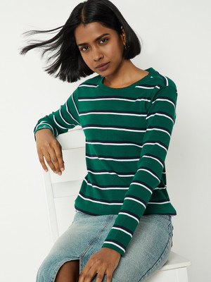 MAX Striped Women Round Neck Green T-Shirt