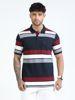 Cool Colors Striped Men Polo Neck Navy Blue T-Shirt