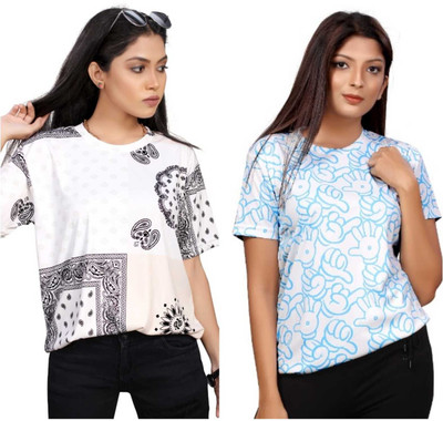 Apachee Printed Women Round Neck Multicolor T-Shirt