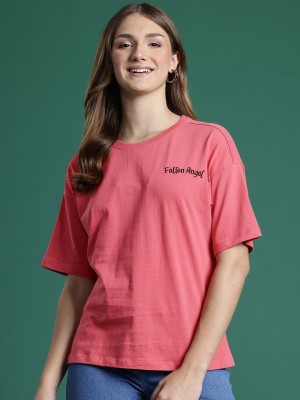 Dressberry Printed Women Round Neck Pink T-Shirt