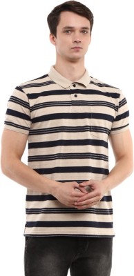 V-MART Striped Men Polo Neck Beige T-Shirt