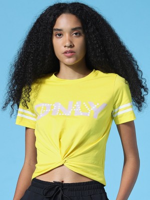 ONLY Typography Women Round Neck Yellow T-Shirt