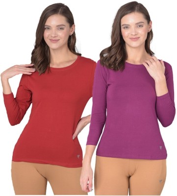 Comfort Lady Solid Women Round Neck Purple, Red T-Shirt