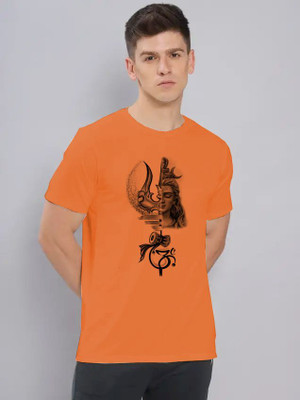 Aditi Fashion Printed Men Round Neck Orange T-Shirt