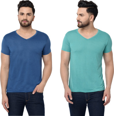 Tresna Trending Solid Men V Neck Dark Blue, Light Green T-Shirt