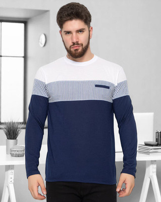 FAOES Colorblock Men Round Neck Navy Blue T-Shirt